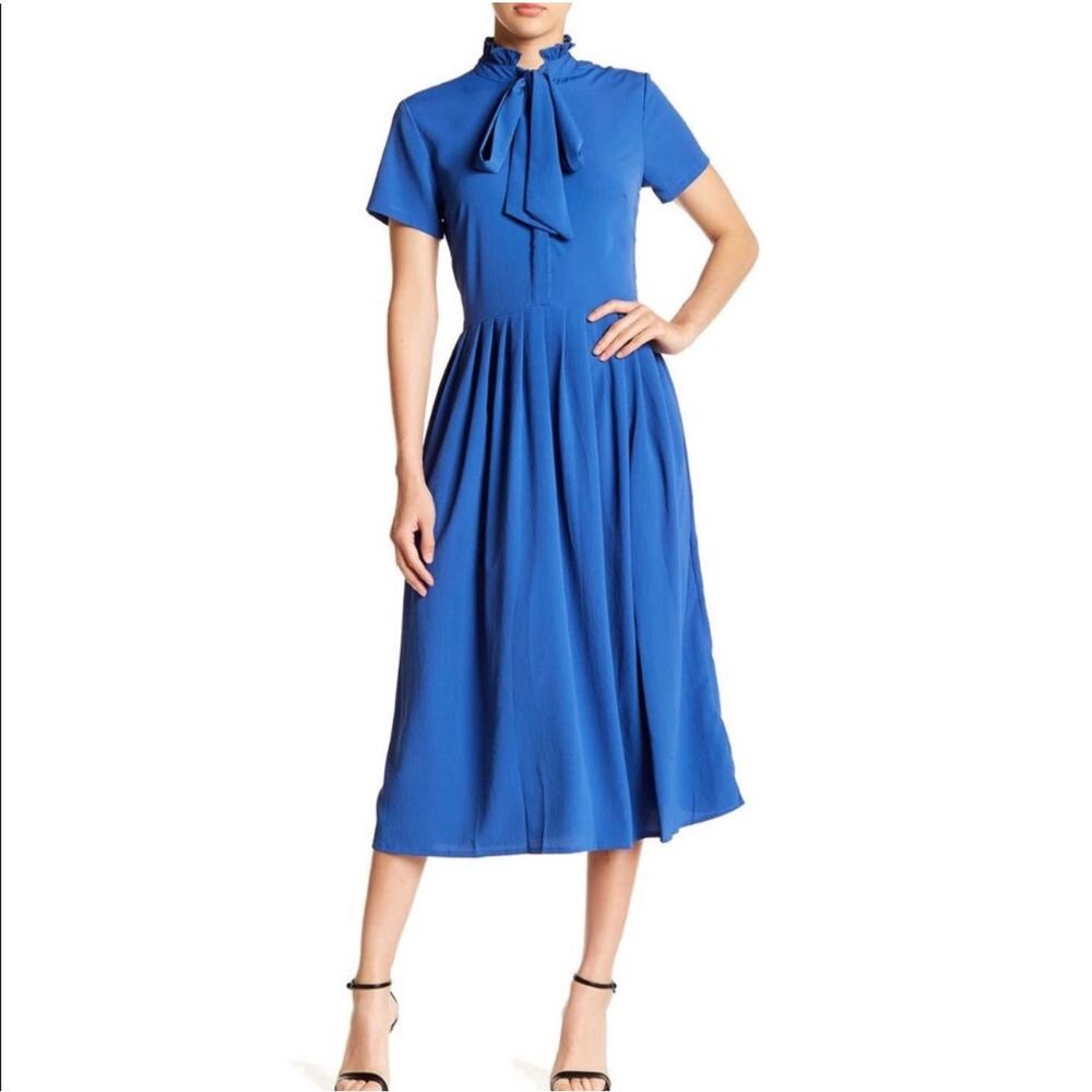 Walter Baker Sammy Dress NEW Womens 10 Blue Crepe Neck Tie Bow Midi Short Sleeve - Picture 2 of 10